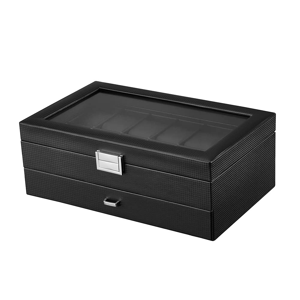 Boîte de Montre en Bois, Support de Boîte de Rangement d'affichage de Montre, Présentoir Coffret Boîte de Stockage pour Bijoux Bracelets et Boutons de Manchette, 30 x 20 x 13 cm (Kohlefaser-W79T)