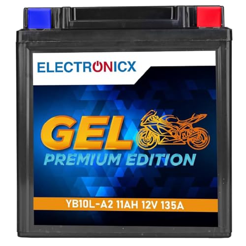 Electronicx Batteria moto GEL YB10L-A2 12V 11Ah 135A CCA – batteria avviamento senza manutenzione, sigillata, compatta, resistente alle vibrazioni– ideale per scooter, quad e moto