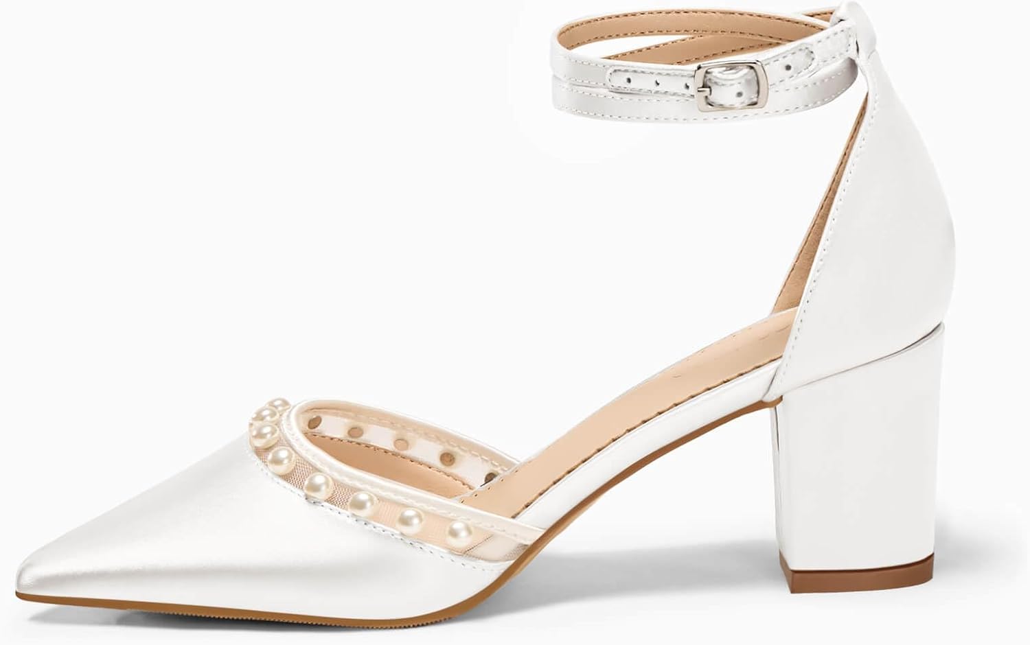 Coutgo Womens Pearl Chunky Heels Wedding Shoes for Bride Closed Pointed Toe Ankle Strap Satin Pumps - Image 4