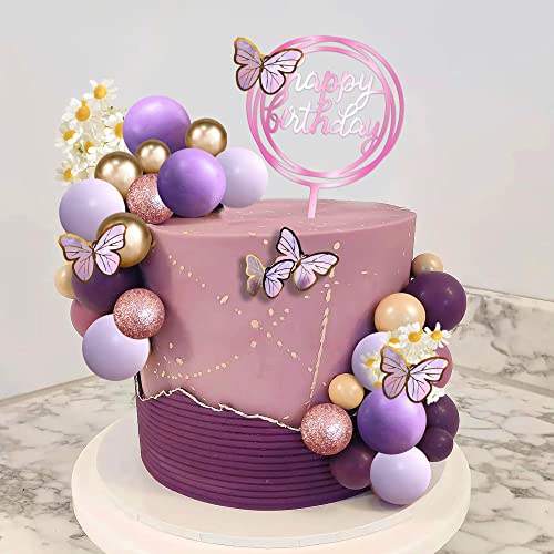 37 Pcs Purple Balls Cake Topper Butterfly Cake Decorations Happy Birthday Cake Topper For Wedding Baby Shower Birthday Daisy Flower Themed Party Supplies (Purple) #TOP5