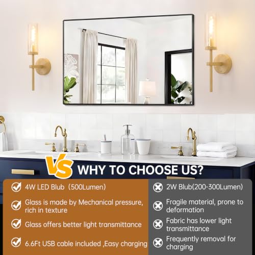 Image of Shenmoyl Battery Operated Wall Sconces Set of 2, Beech Color Rechargeable Wall Lighting Fixtures, Dimmable Wall Lights with Remote & Clear Glass Shade for Living Room, Bathroom,Bedroom