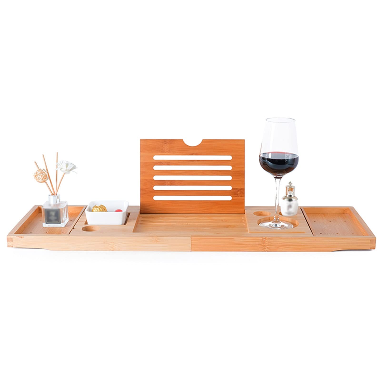 MYUYEE Bathtub Caddy Tray, Bamboo Waterproof Expandable Bath Table Over Tub, Adjustable Storage Shelf Bath Organizer For Book Tablet Wine Glass, Easy To Clean