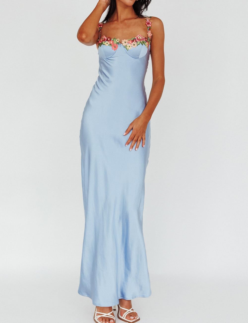 Sexy Satin Spaghetti Strap Floral Embroidered Maxi Dress for Women Sweetheart Neckline Backless Sleeveless Slit Midi Dress - Image 5