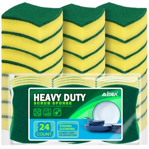 Image of AIDEA Sponges Kitchen, 24 Pack Heavy Duty Dish Sponge, Cleaning Dish Scrubber Sponge for Home and Kitchen, Stink-Free Cleaning Supplies for Pots, Pans