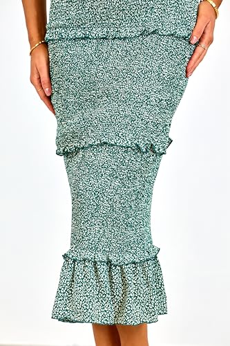 dowerme Women Summer Casual Floral Midi Smocked Bodycon Dresses Spaghetti Strap Square Neck Ruffle Mermaid Prom Dress(Green,Large) — view 5