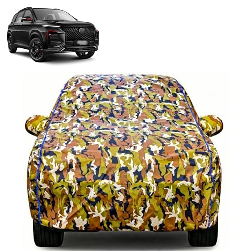 Image of Waterproof Car Body Cover for MG Hector with Mirror Pocket| Cotton Inner Lining | Triple Stitched | All Weather Protection | Dust, UV & Rain Proof (Camouflage with Blue Piping)