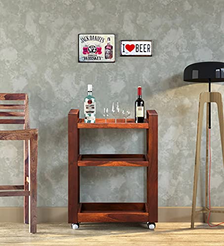 Image of Avian Solid Wood Bar and Serving Cart with Wheels- Industrial Style Rolling Storage Cabinet Trolley - Kitchen Bar Dining Room Tea Wine Rack with Wine and Bottle Holder