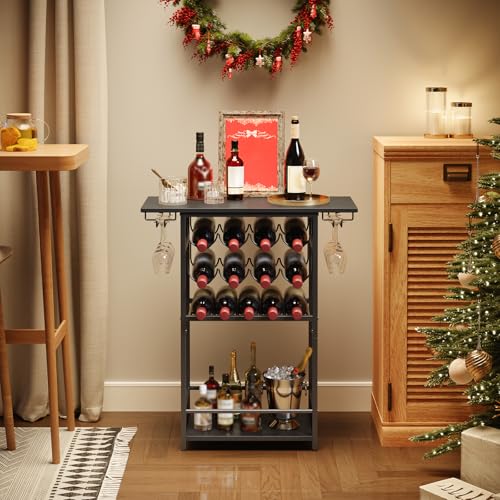 HOOBRO 5-Tier Wine Rack with Glass Holder, Wine Storage Freestanding Floor, Versatile Corner Liquor Cabinet, Alcohol Bottle Display Shelf for Home Bar, Kitchen, Living Room, Black BB68JJ01 - Thumbnail 3