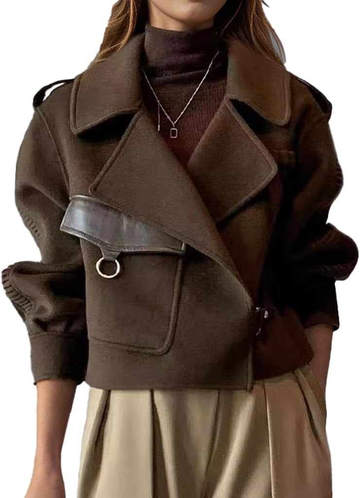 Giacca Invernale da Donna con Risvolto Elegante Giacca Corta in Tweed con Tasca Oversize a Maniche Lunghe Giacca Casual da Ufficio alla Moda