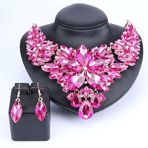 Women Wedding Jewelry Set Crystal Flower Luxury Bridal Necklace Earring (Rose Red) #TOP1