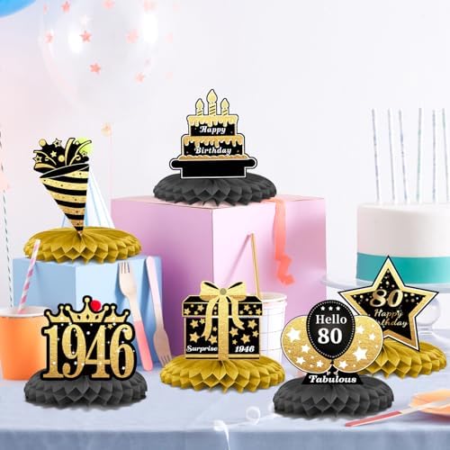 80th Birthday Decorations Set, 1946 Table Toppers for Women Men Birthday Party Supplies, Happy 80 Year Old Table Decoration for Grandpa Grandma, 9Pcs Black & Gold Honeycomb Centerpieces - 2