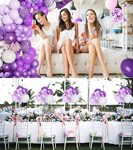 152Pcs Purple Balloons Garland Arch Kit White Purple Confetti Latex Metallic Balloons with Paper Butterfly for Baby Shower Wedding Engagement Purple Butterfly Birthday Party Decorations Supplies