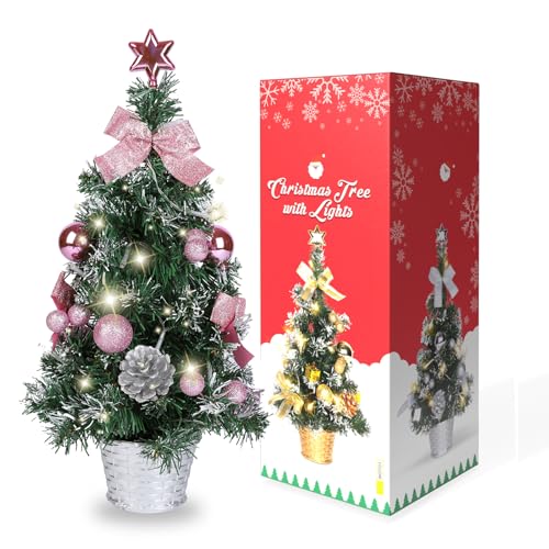 Lucoss 45cm Small Christmas Tree with Lights, Artificial Pink Christmas Tree with Pine Cones & Ball, Xmas Decorations for Shop, Home, Party, Holiday (Battery Not Included)