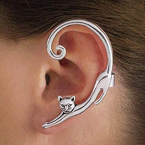 Punk Style Gold Silver Plated Cat Pet Post Earring With Ear Cuff Rock Animal Black Stud Earring For Women (Silver) #TOP1