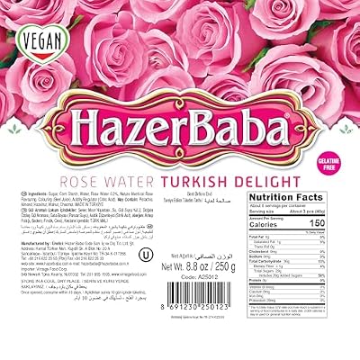 Hazer Baba Turkish Delight Candy, Rose Water Flavored, 8.8oz (Pack of 1), Gourmet Snack Box, Traditional, Vegan Snack, Turkish Lokum, Unique Sweets, Loukumi, Delicias Turcas, Halal, Kosher