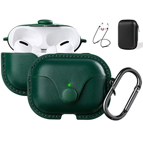 Maxjoy Compatible Airpods Pro Case Cover, Airpods Pro Leather Case Protective Cover with Keychain Airpods Strap Compatible with Apple Airpods Pro Charging Case 2019 (Front LED Visible), Green