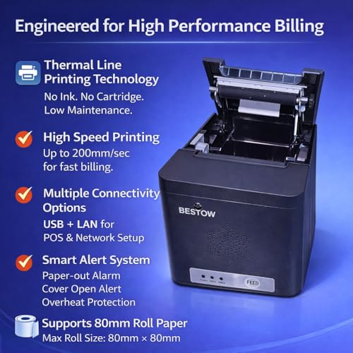 Image of Bestow TRP-E801 80 mm Thermal Receipt Printer with USB and LAN Support Auto Cutter High Speed POS Billing Printer Black
