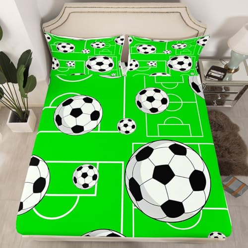 jejeloiu Kids Football Fitted Sheet Queen Size, Rugby Sports Bedding Set Soccer Ball Game Bed Sheet Set Boys Girls Teens Bedroom Decor 3Pcs (No TOP Sheet)