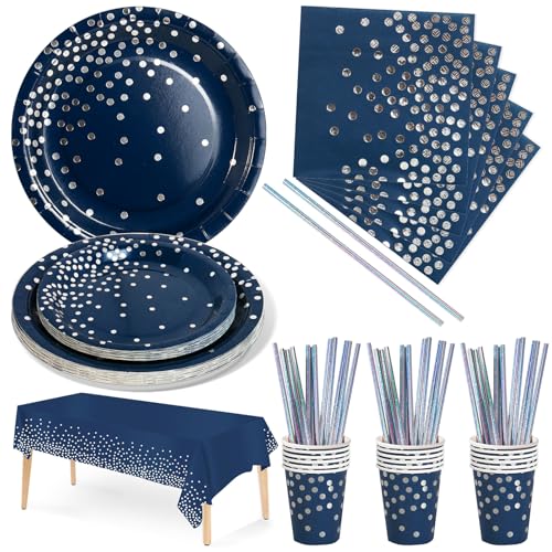 Nkaiso 126pcs Bleumarine et argent Party Vaisselle, Decoration fête Anniversaire Kit,Papier Assiette Papier Tasse Serviette Pailles Nappe,en Mariages Baby Shower Noël- 25 invités