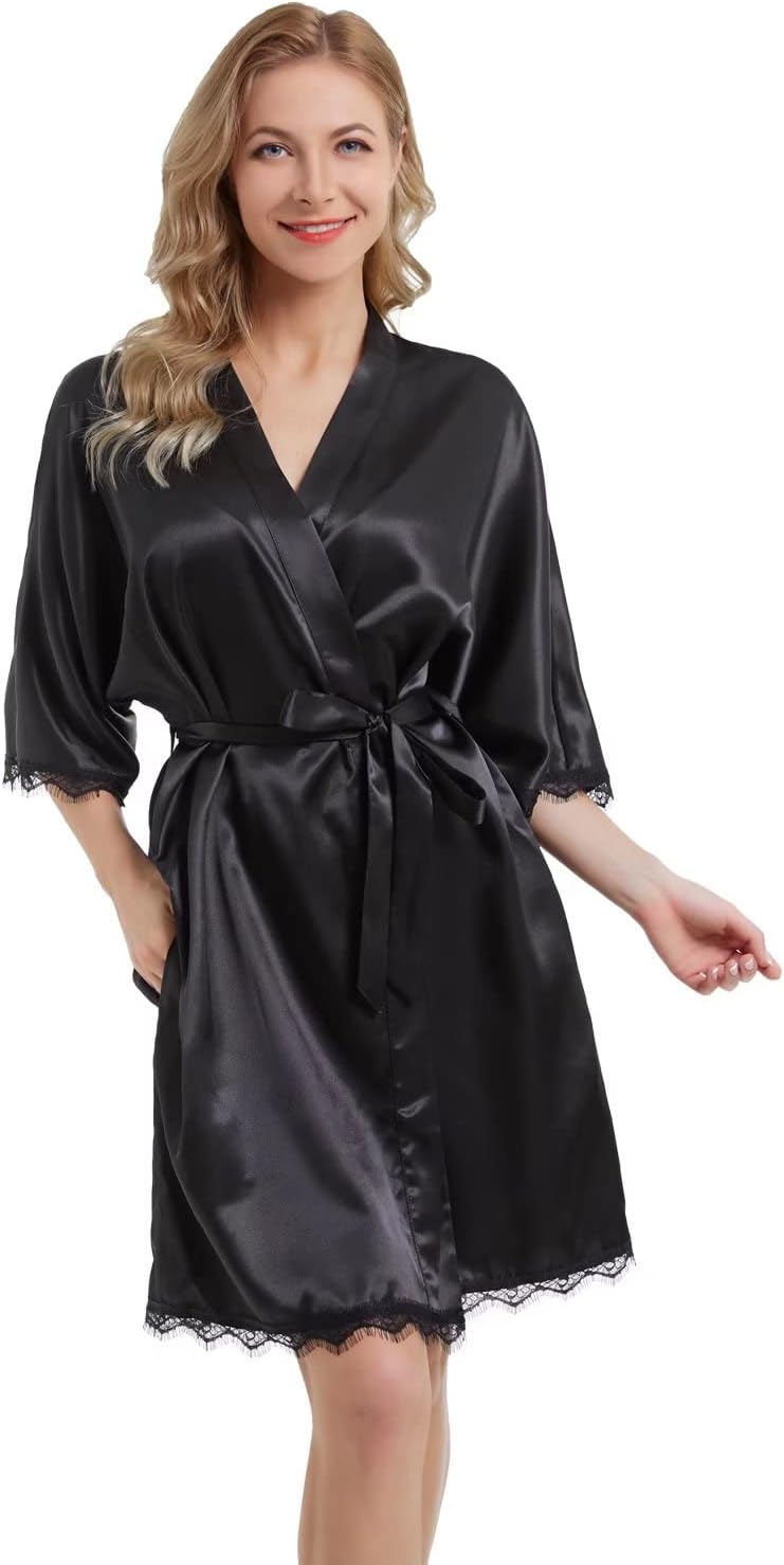 DIASHINY Long Satin Robe For Women Pure Solid Color Kimono Bath Robes Female 3/4 Sleeve Silky Bridesmaid Bathrobe Summer