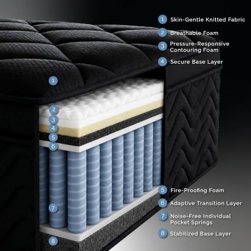 Image of Vurawq Black Premium 12 Inch King Hybrid Mattress, Fiberglass Free, Individual Pocket Coils, Cooling Memory Foam Top, Pressure Relief & Motion Isolation, Bed in a Box