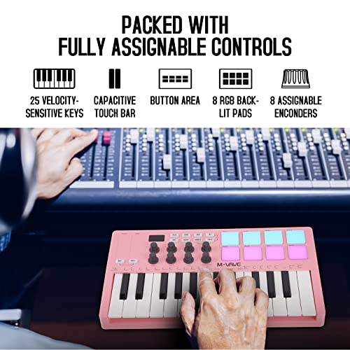 Image of M-WAVE 25 Key USB MIDI Keyboard Controller With 8 Backlit Drum Pads, Bluetooth Semi Weighted Professional dynamic keybed 8 Knobs and Music Production,Software Included (Pink)