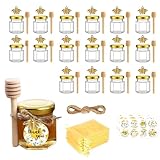 DYUEE Mini Glass Honey jars 1.5 oz Hexagonal Mini Honey Jar with Honey Spoon Gold Lids Gold Bee Pendants Jutes Bee Stickers gift bags, for Party Favours Weddings Baby Showers Wedding Favours (20)
