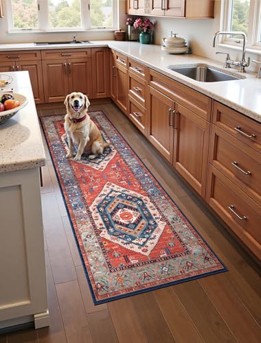 SERISSA Boho Washable Runner Rug, 2x5 Non-Slip Vintage Rust Hallway Kitchen Runner Rug Ultra Soft Print Distressed Tribal Floor Carpet for Bedroom Bathroom Laundry Living Room
