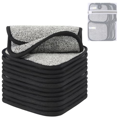 SINLAND 12 pcs Microfiber Makeup Remover Cloth Soft Facial Cleansing Cloths Absorbent Washcloth Face Cloths with Laundry Bag 15x15 cm Dark Grey