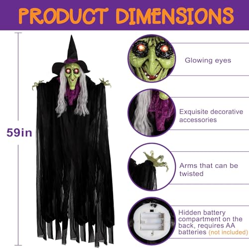 150cm Animierte Hexe für Halloween Deko 🎃 – Sprachaktiviert, Leuchtende Augen & Gruselige Bewegung für Spukhäuser! – Bild 6