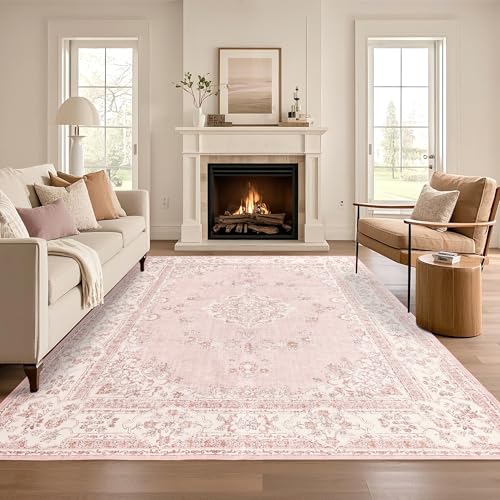 Tapete rectangular 8x10 oriental suave lavable rosa miniatura 1