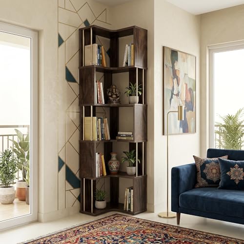Image of Studio Kook Vista Engineered Wood Corner Bookshelf | Bookcase (Matte Finish) (Junglewood)