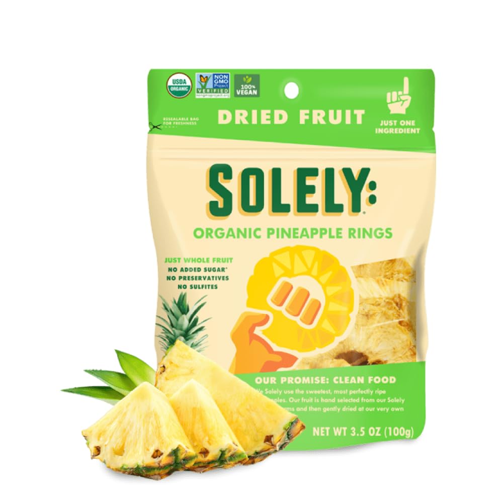 SOLELYOrganic Dried Pineapple Rings (3.5 oz Resealable Bags, Pack of 4) - Real Fresh Fruit - 1 Ingredient - Healthy Snacks for Adults & Kids - Non GMO, Vegan Snacks, Shelf Stable - 4 Bags (14 oz)