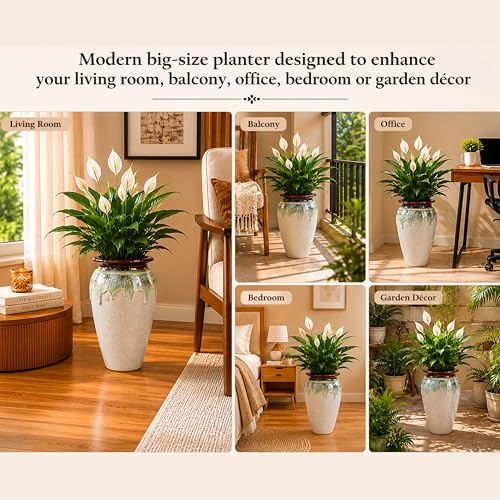 Image of Ceramic Flower Pots for Garden | Big Size Planters for Home Decor, Living Room, Balcony & Office | Multi Utility Vase Gamla for Indoor Outdoor Plants (Hand-Painted, White, 10 Inch)