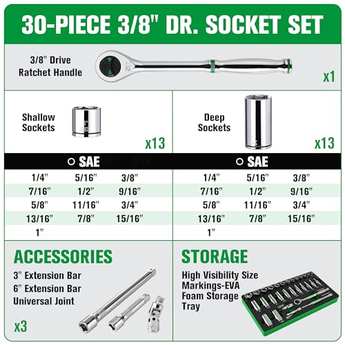 SK 3/8" Drive Socket Set with 160-P Ratchet, 30-Piece, SAE, SuperKrome Finish, Premium CR-V Construction, with EVA Foam Tool Organizer thumbnail 3