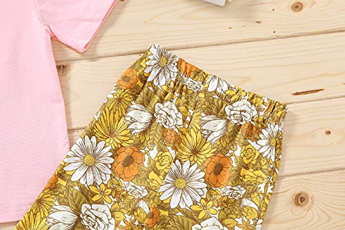 Toddler Girl Outfits Letter Short Sleeve T-Shirt Top Floral Bell Bottom Pants Girls Summer Clothes (Pink, 5-6 Years)