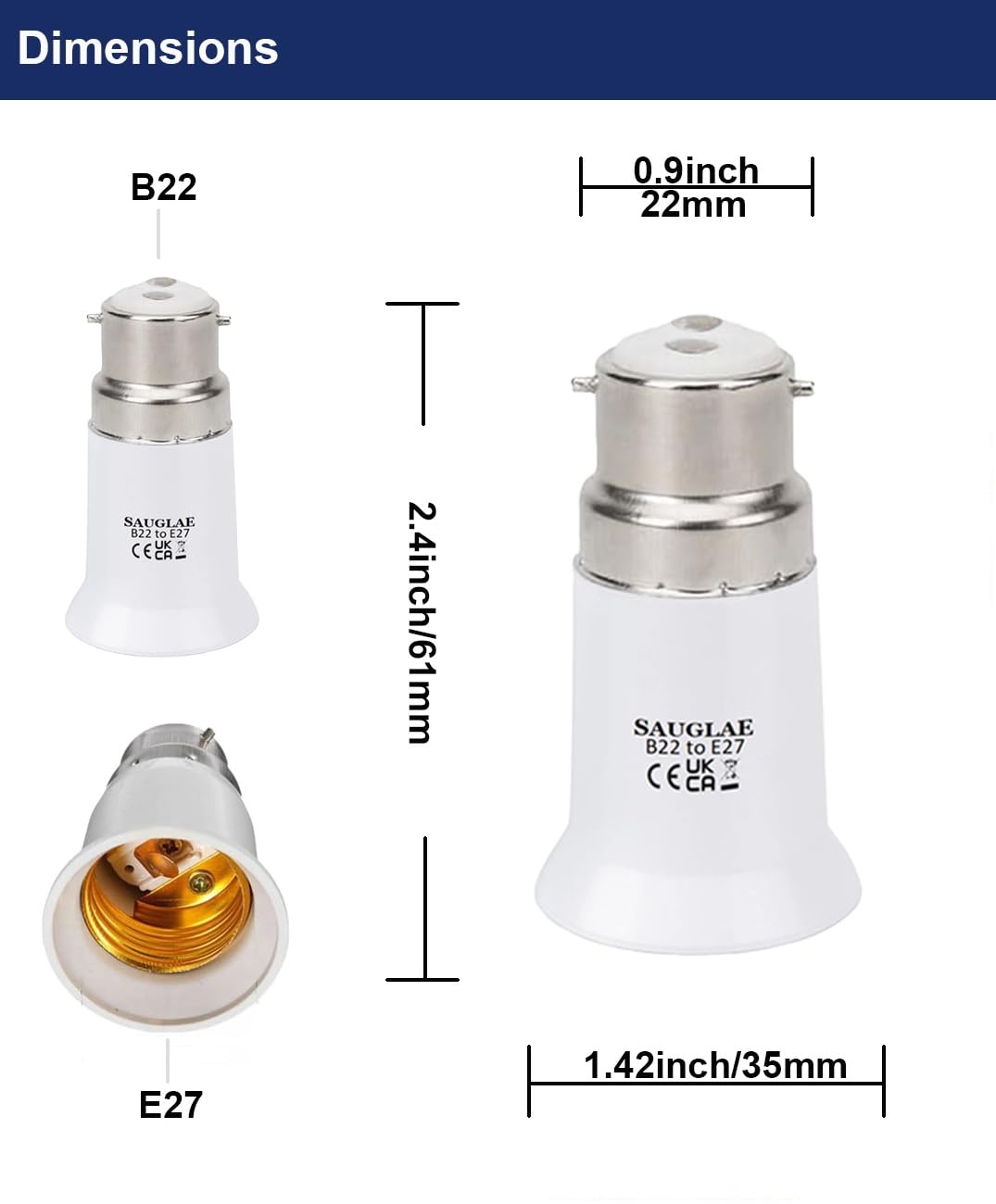 SAUGLAE B22 to E27 Socket Converter (200W Max), Bayonet to Screw Bulb Adapter for LED/CFL/Halogen Bulbs, Fireproof Housing - Image 2