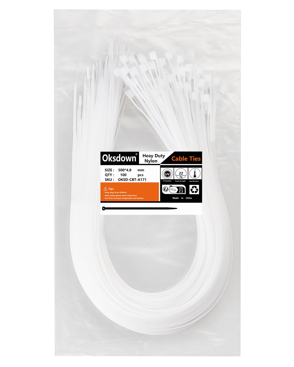 Oksdown Kabelbinder Weiß 500mm × 4,8mm Nylon 100 Stück UV Beständig Kunststoff Kabelbinder Zugfestigkeit Von Bis Zu 22kg für Industrie, Gartenbau, Kabelindustrie
