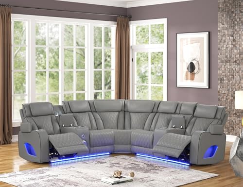 Leather Reclining Sectional - Power Recliner Sofa with Massage Function and Built In Speaker, Symmetrical Sectional Sofa with LED Lights, Storage Space, Wireless Charging and Cup Holders (Grey)