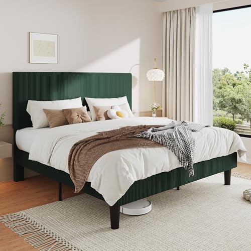 Image of Allewie King Bed Frame, Corduroy Tufted Headboard, Dark Green | Soft Corduroy Fabric, Adjustable Headboard, 1000 lb Capacity, Wooden Slats, No Box Spring Needed, Easy Assembly