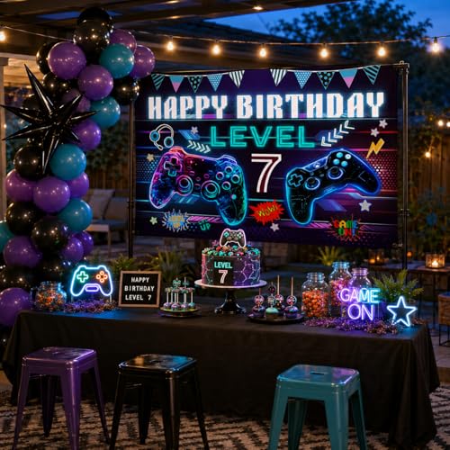 Video Inspired Game Birthday Backdrop Level 7 Happy 7th Birthday Party Banner Background 7th Boys Video Party Game Decorations Party Supplies 5×3ft (Blue 7) by WNPCCNP - Image 8