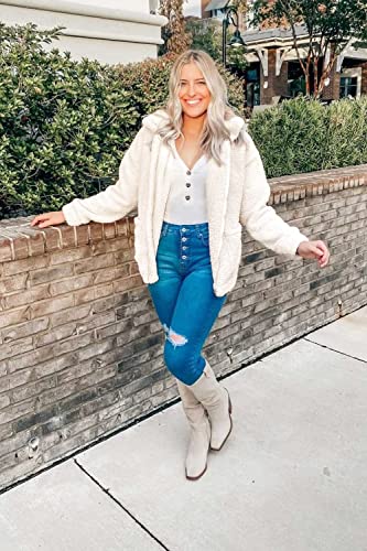 Prettygarden Women's 2023 Fashion Winter Coat Long Sleeve Lapel Zip Up Faux Shearling Shaggy Oversized Shacket Jacket (White,Large) #TOP5