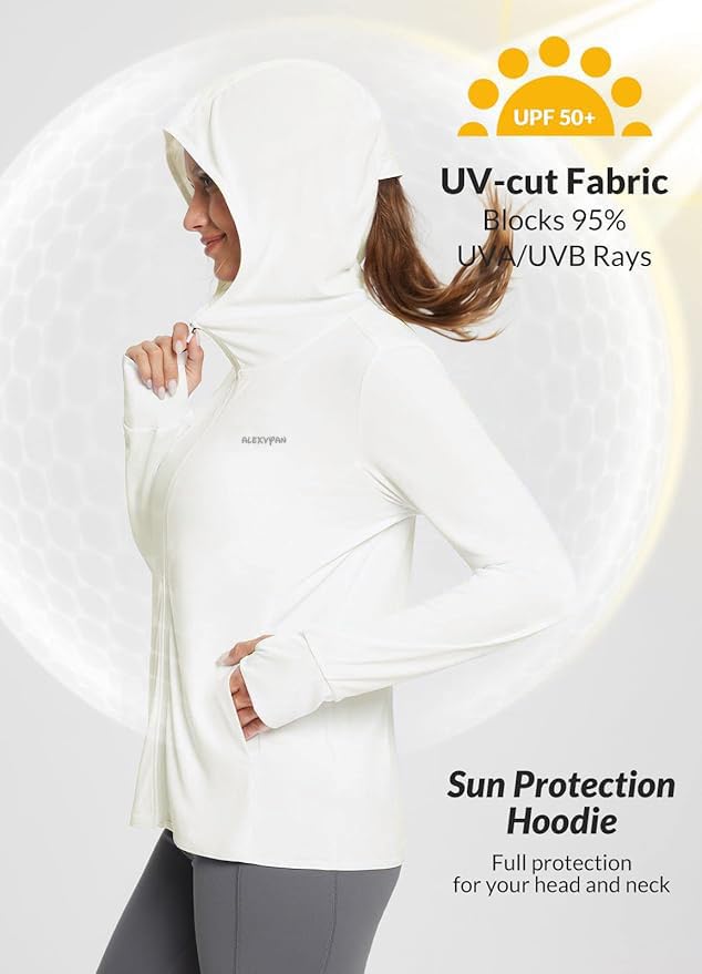 Image of Alexvyan Size-L White Full Length Women's UV & Sun Protection Jacket with 4 Pocket, Lightweight Summer Sun Screen Hoodie, UPF 50+ Protection for Outdoors, Long Full Zipper Jacket- FIT 50-65 KG