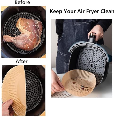 Image of Air Fryer Disposable Paper Liners Round - 100 Pcs Non-Stick Oil-Proof Parchment Sheets, Heat Resistant Basket Bowl Liners for Baking, Cooking, Roasting & Frying