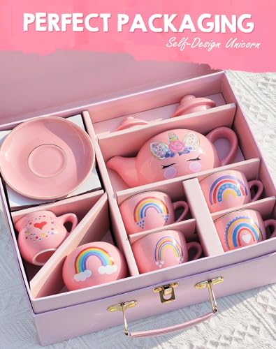 Porcelain Unicorn Tea Party Set for Little Girls Kids Toddlers, 13Pcs Ceramic Tea Set - Tea Pot Cups & Saucers & Carrying Case, Pretend Play Toys - Christmas Birthday Gift for Girls (Pink) - Image 5