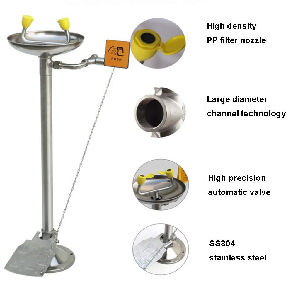 CGOLDENWALL Lavaojos de Emergencia Vertical de Acero Inoxidable Herramienta de Primeros Auxilios Control Doble de Manos y Pies con Flujo de Lavaojos: ≥11.4L/min (con Tabla de Empuje Manual)