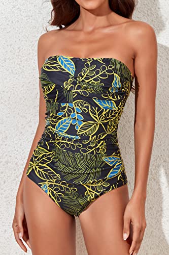 Image of Smismivo Tummy Control Swimwear Strapless One Piece Swimsuit Ruched Bathing Suits for Women Slimming Bandeau Tube Top Bikini