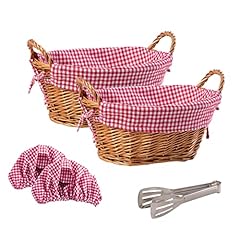 eGenuss 2 Cestini portapane rustici in vimini spesso + 2 Fodere rimovibili in cotone + 2 Copricestini traspiranti in cotone + 1 Pinza in acciaio inox | Rosso