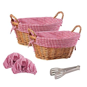 eGenuss 2 Cestini portapane rustici in vimini spesso + 2 Fodere rimovibili in cotone + 2 Copricestini traspiranti in cotone + 1 Pinza in acciaio inox | Rosso