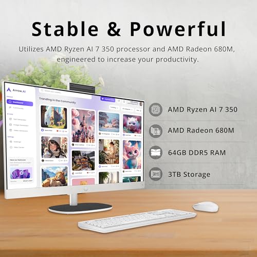 Image of HP 27 inch FHD Touchscreen All-in-One Desktop, Ryzen AI 7 350, 64GB DDR5, 3TB Storage (2TB SSD+1TB Docking Station), AMD Radeon 680M, Wi-Fi 6, Webcam, Wireless Keyboard & Mouse, Win 11 Pro, White